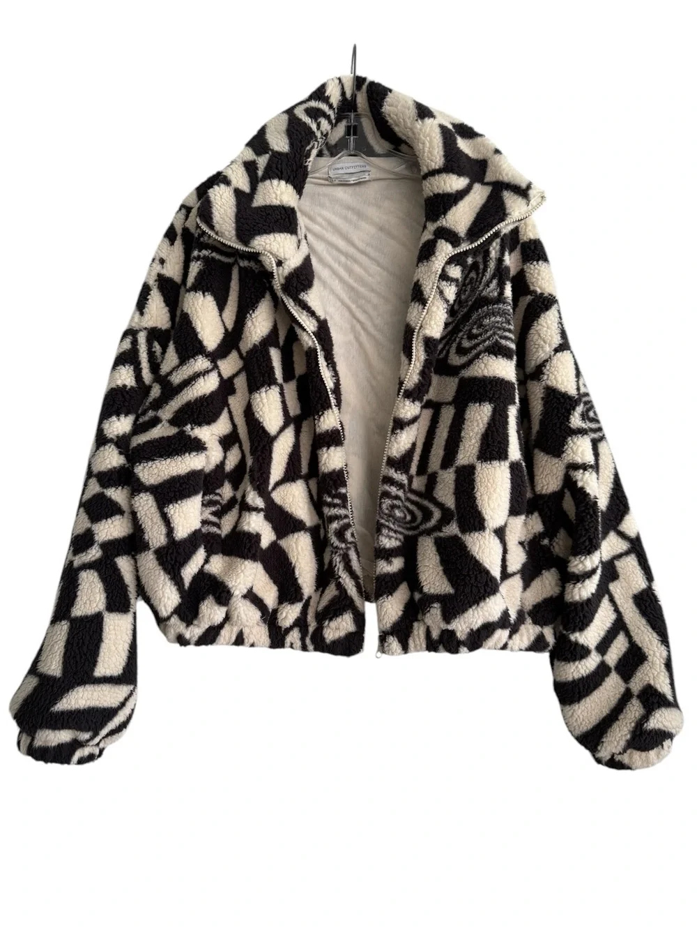 Urban Outfitters Olivia Print Sherpa Jacket Butterfly Mod Cream Black Fleece S
